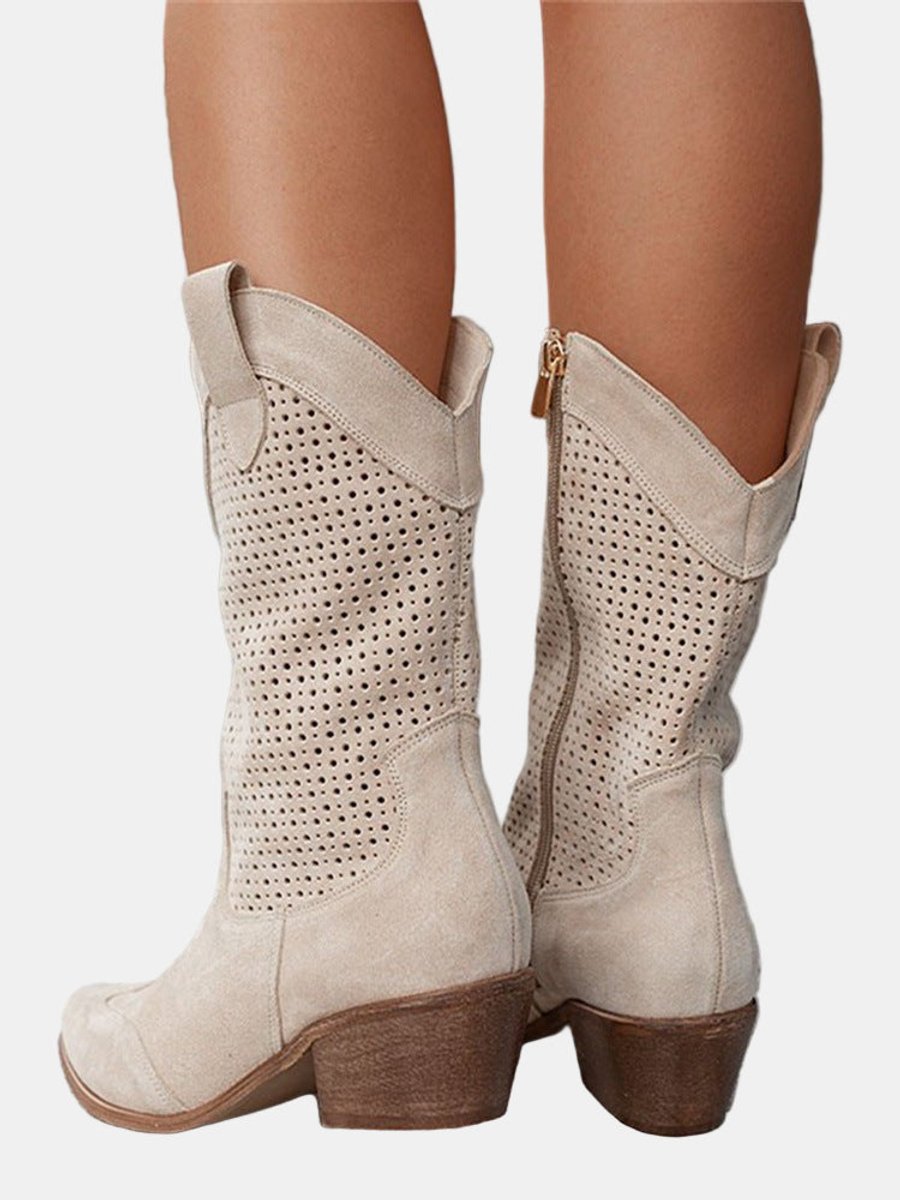 Women's Perforated Suede Mid-Calf Knee High Boots Block Heel