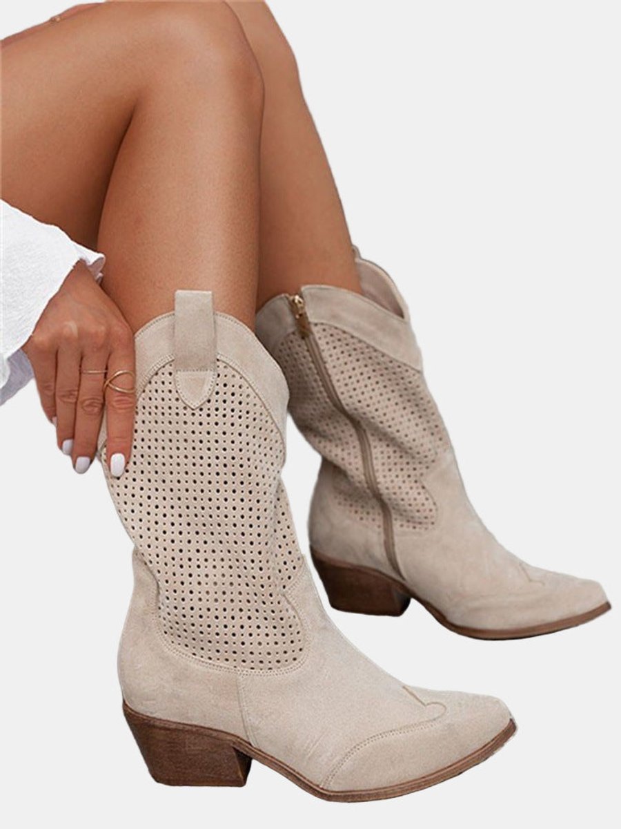 Women's Perforated Suede Mid-Calf Knee High Boots Block Heel