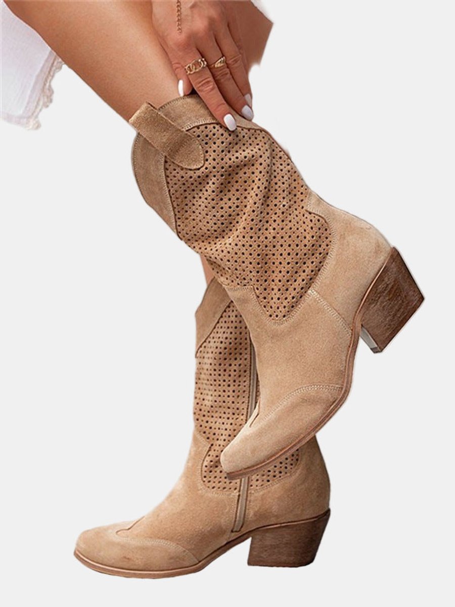 Women's Perforated Suede Mid-Calf Knee High Boots Block Heel
