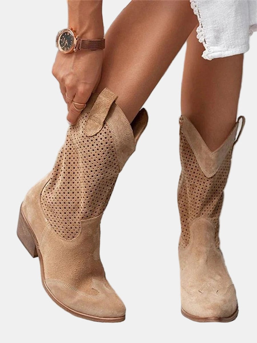 Women's Perforated Suede Mid-Calf Knee High Boots Block Heel - Brown