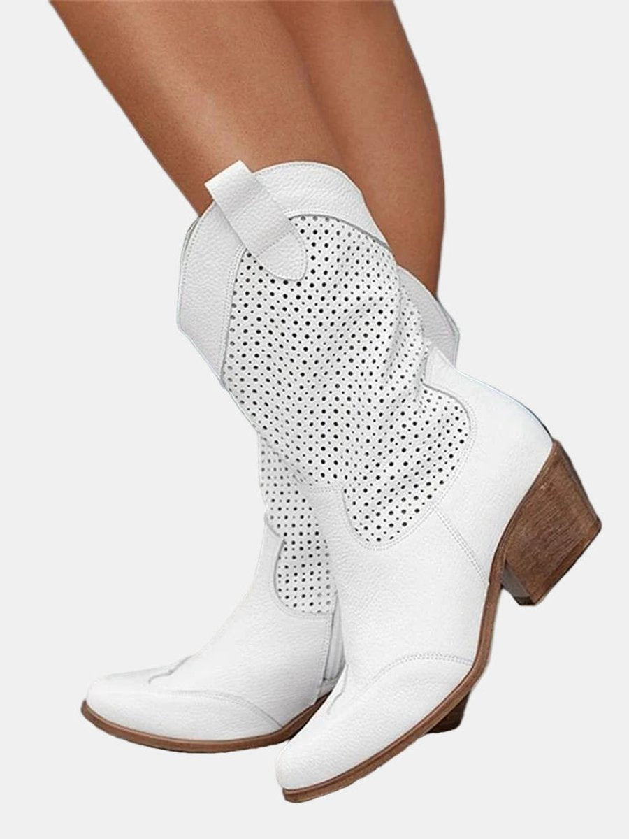 Women's Perforated Suede Mid-Calf Knee High Boots Block Heel - White