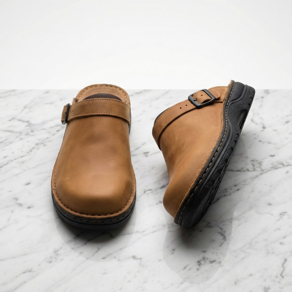 Women's Premium Leather Slip-On Cushioned Clogs - Brown