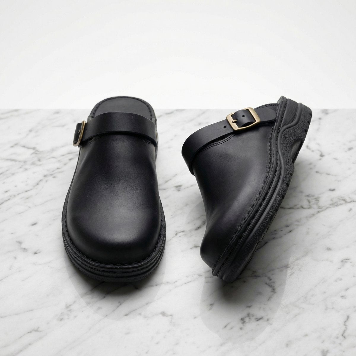 Women's Premium Leather Slip-On Cushioned Clogs - Black
