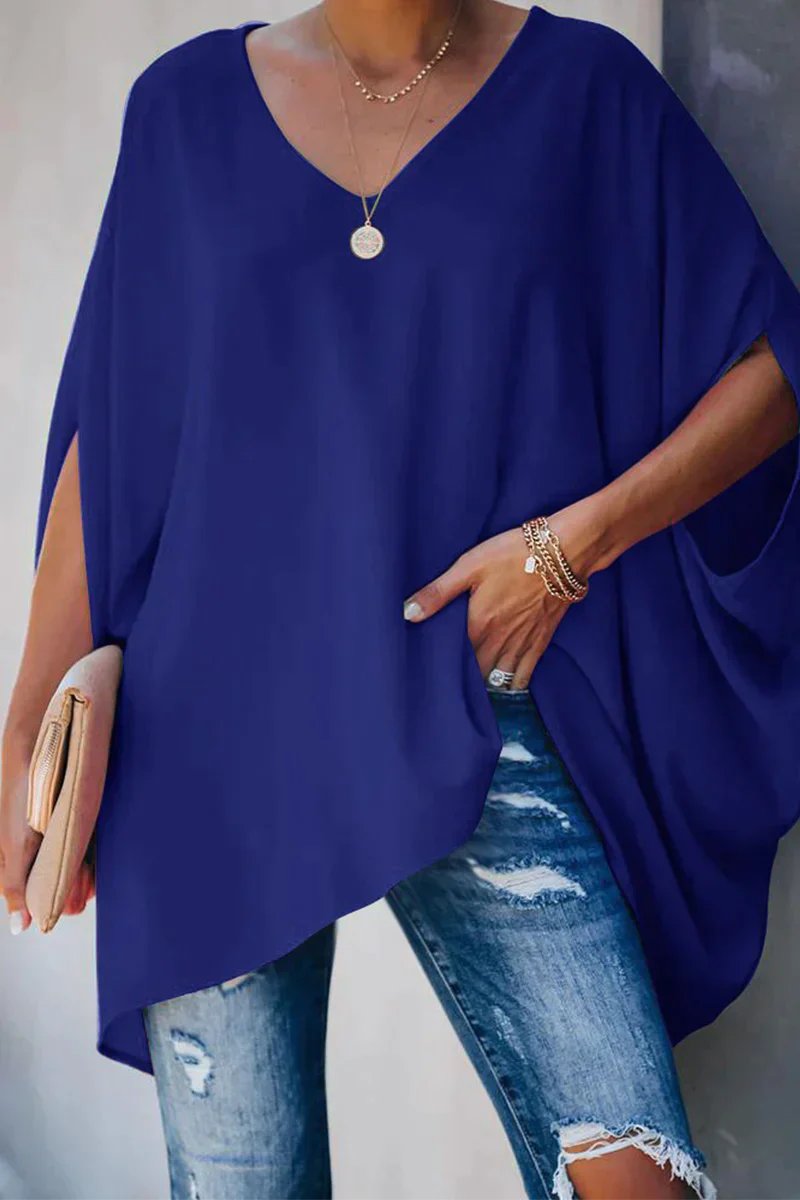 Women's Relaxed Batwing-Sleeve V-Neck Oversized Tunic Top - Blue