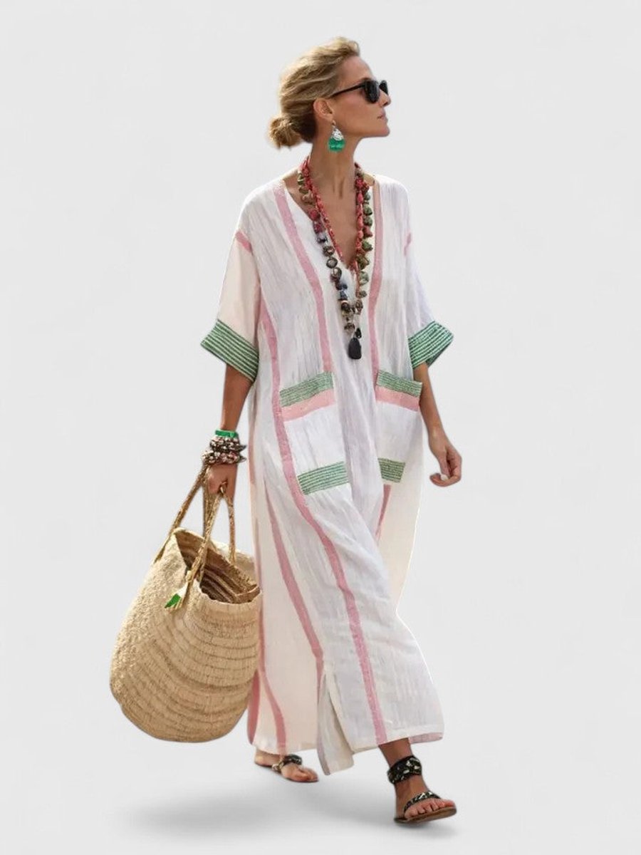 Women's Relaxed-Fit V-Neck Striped Boho Maxi Dress - White Light Pink
