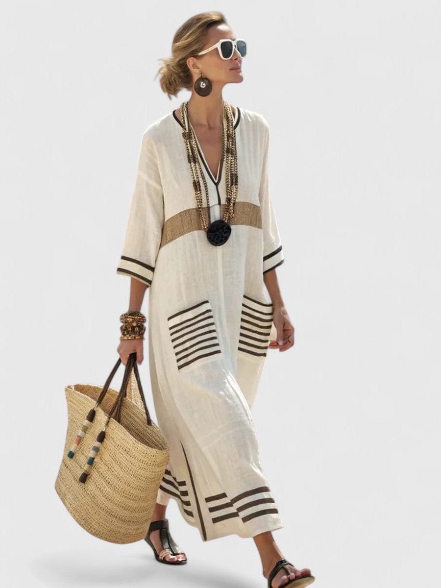 Women's Relaxed-Fit V-Neck Striped Boho Maxi Dress - Beige Black