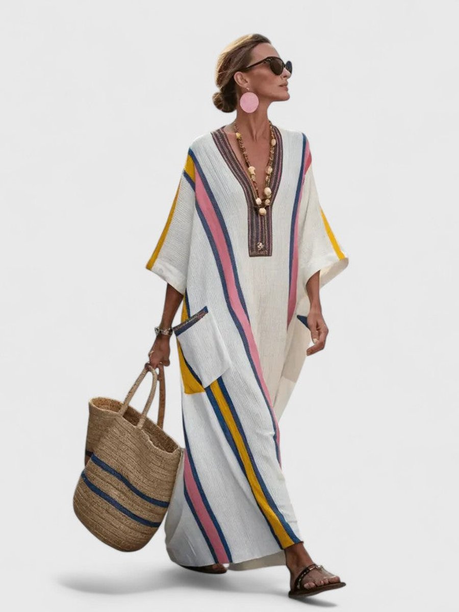Women's Relaxed-Fit V-Neck Striped Boho Maxi Dress - White Pink