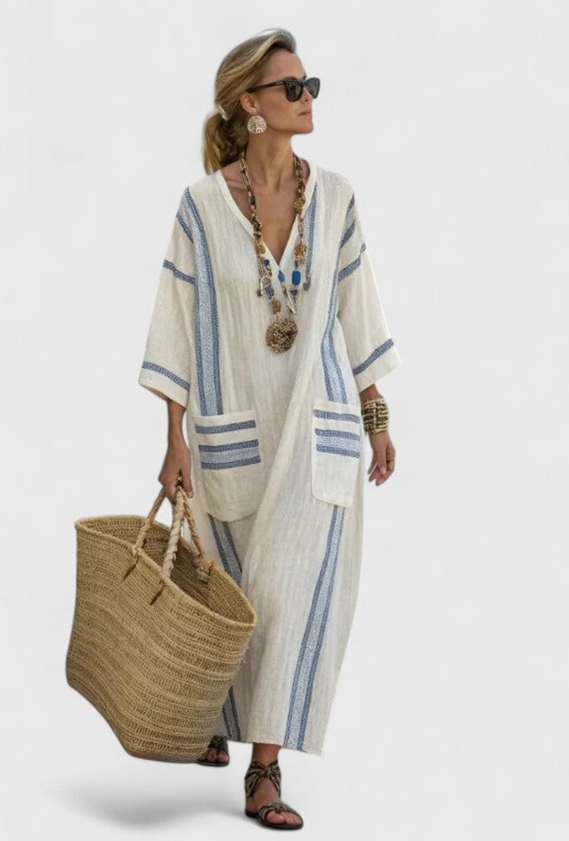 Women's Relaxed-Fit V-Neck Striped Boho Maxi Dress - Beige Light Blue