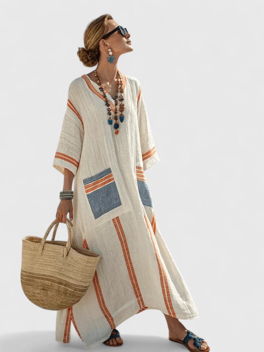 Women's Relaxed-Fit V-Neck Striped Boho Maxi Dress - Beige Orange