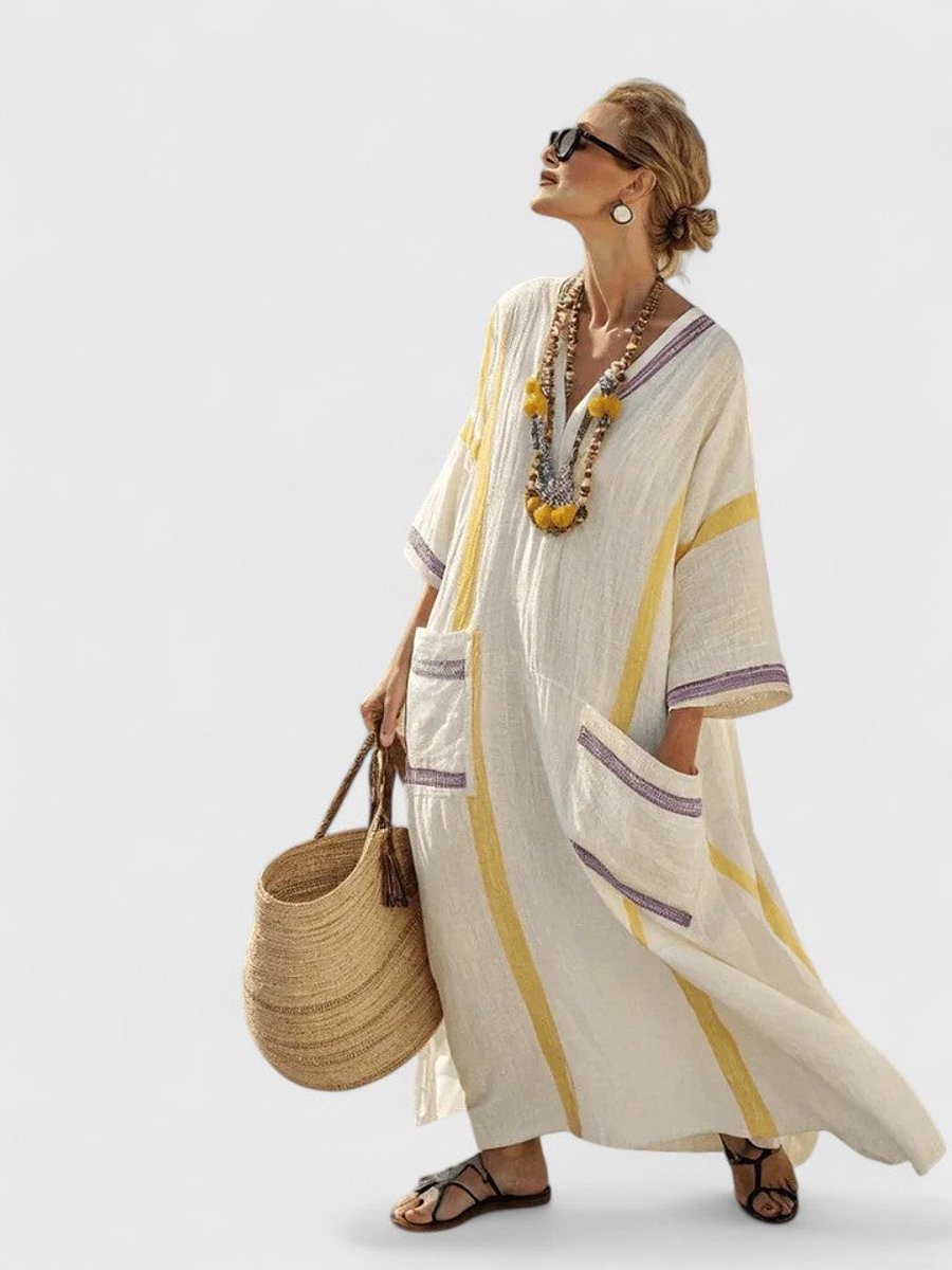 Women's Relaxed-Fit V-Neck Striped Boho Maxi Dress - Beige Yellow