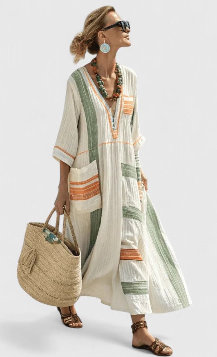 Women's Relaxed-Fit V-Neck Striped Boho Maxi Dress - Beige Green