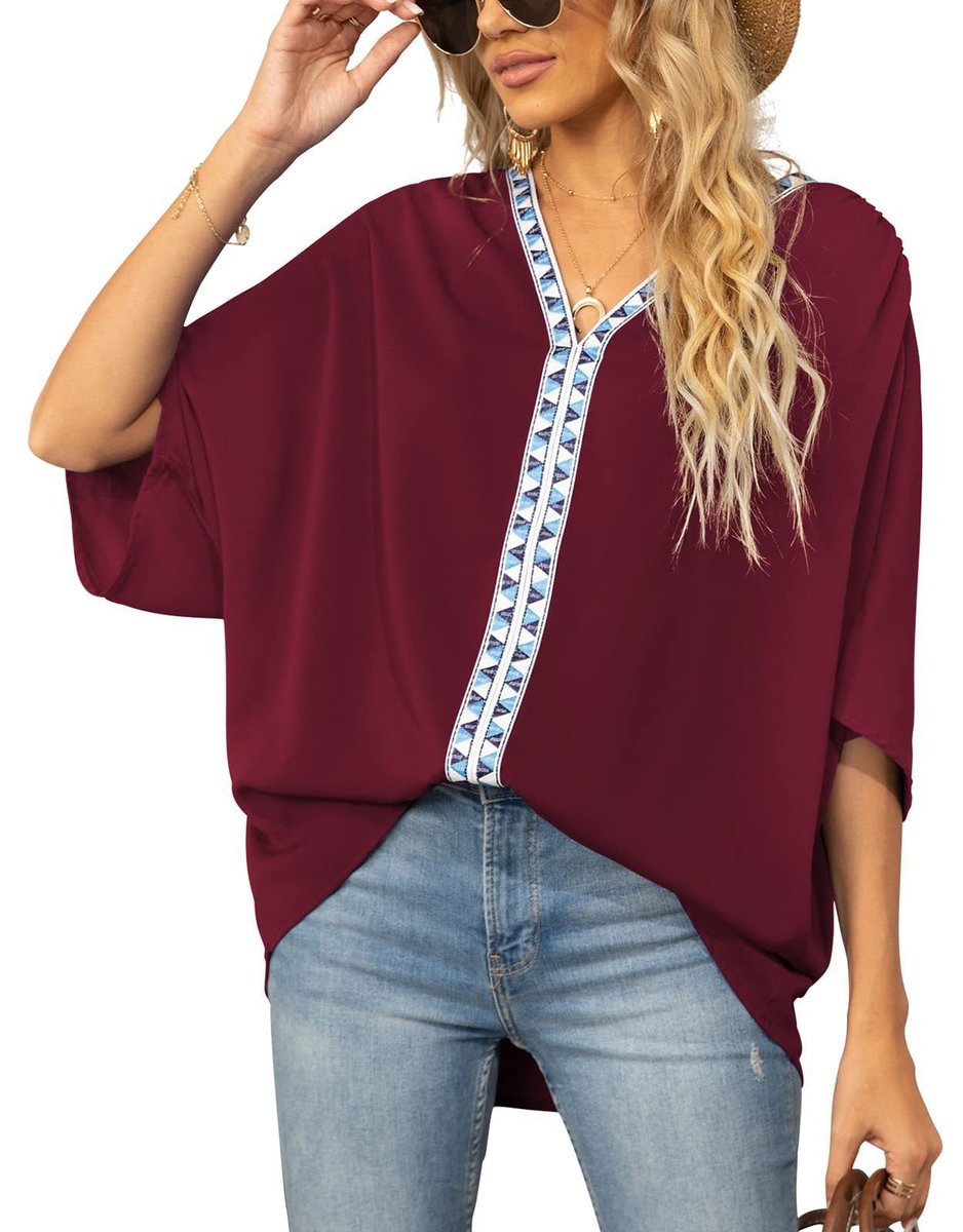 Women's Relaxed V-Neck Geometric Trim Oversized Tunic Top - Yellow
