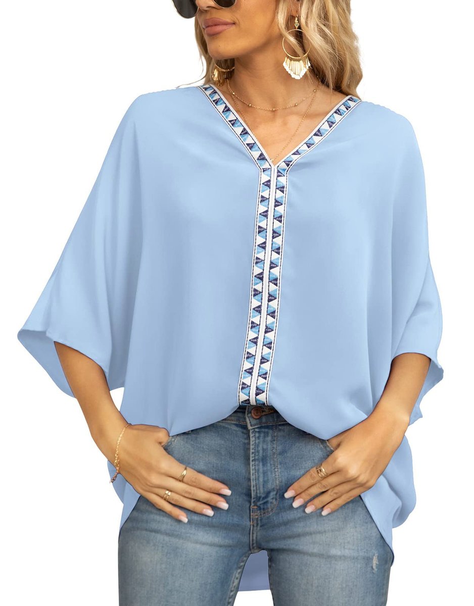 Women's Relaxed V-Neck Geometric Trim Oversized Tunic Top - Light Blue