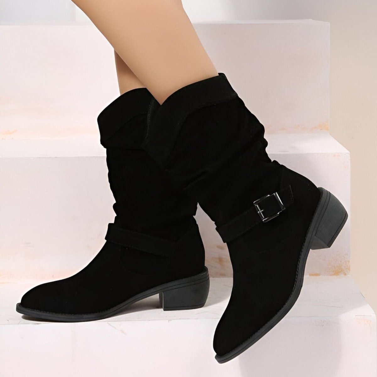 Women's Slouchy Faux Suede Mid-Calf Knee High Boots Block Heel - Black