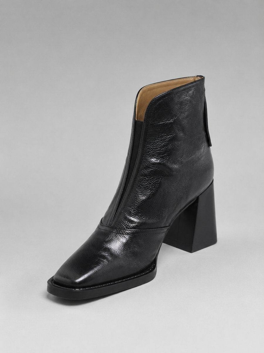 Women's Square-Toe Block-Heel Leather Ankle Boots - Black