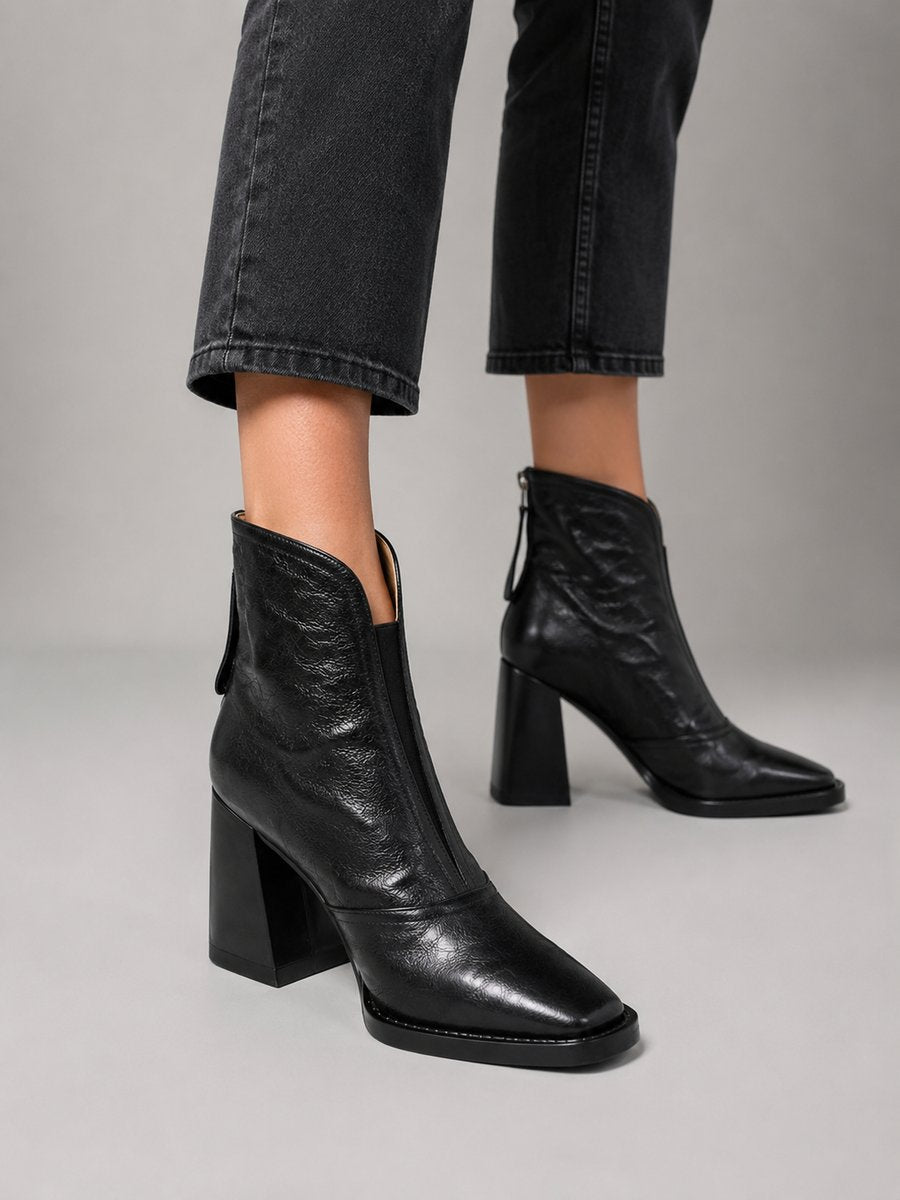 Women's Square-Toe Block-Heel Leather Ankle Boots