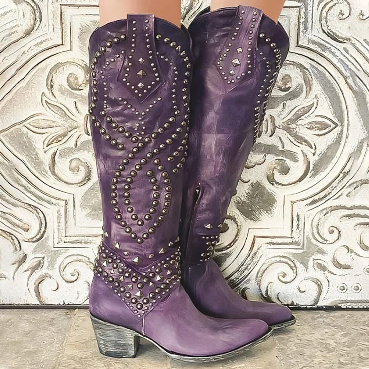 Women's Studded Western Cowgirl Knee High Boots Block Heel - Purple