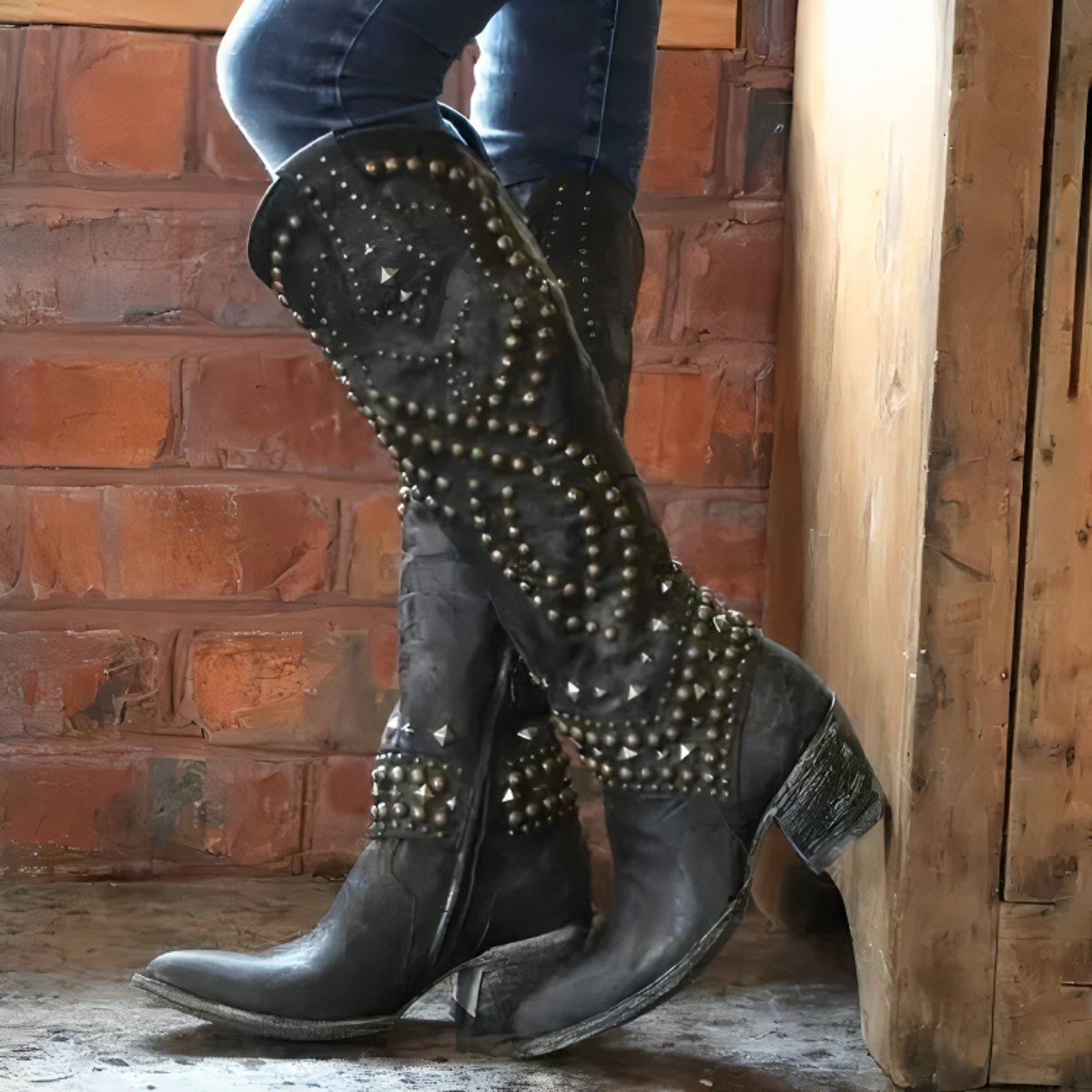 Women's Studded Western Cowgirl Knee High Boots Block Heel - Black