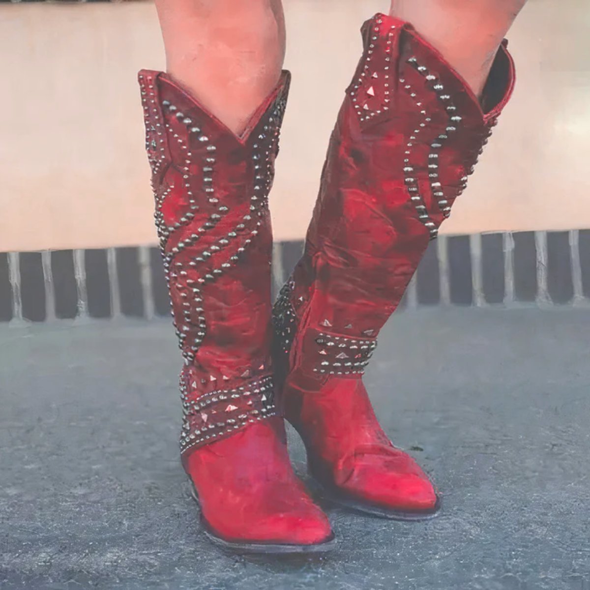 Women's Studded Western Cowgirl Knee High Boots Block Heel - Red