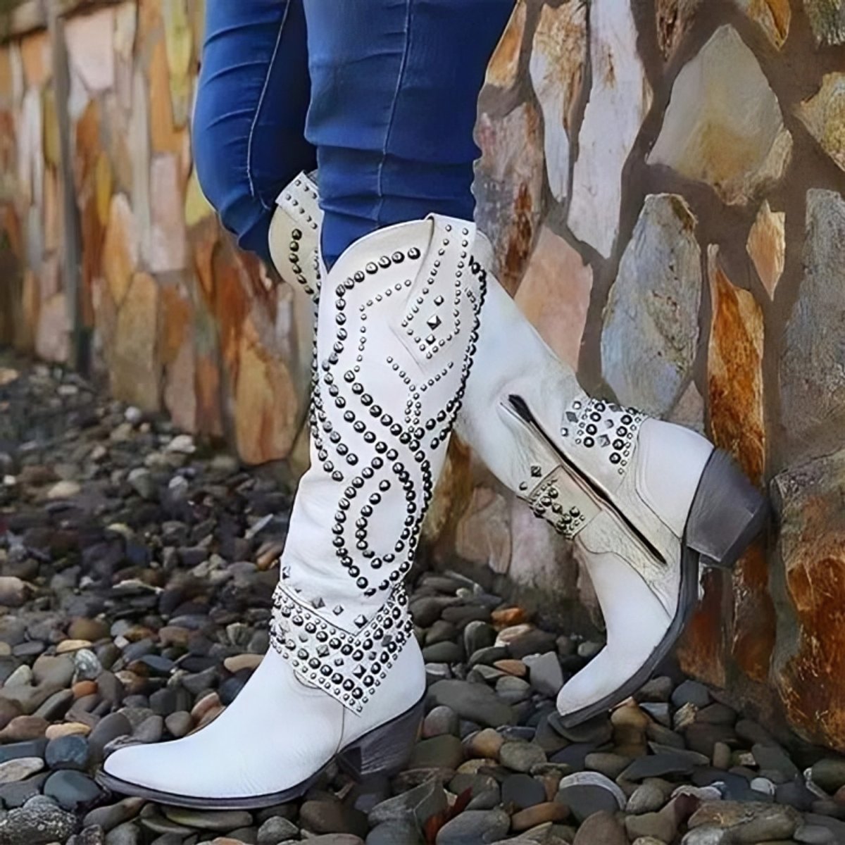 Women's Studded Western Cowgirl Knee High Boots Block Heel - White