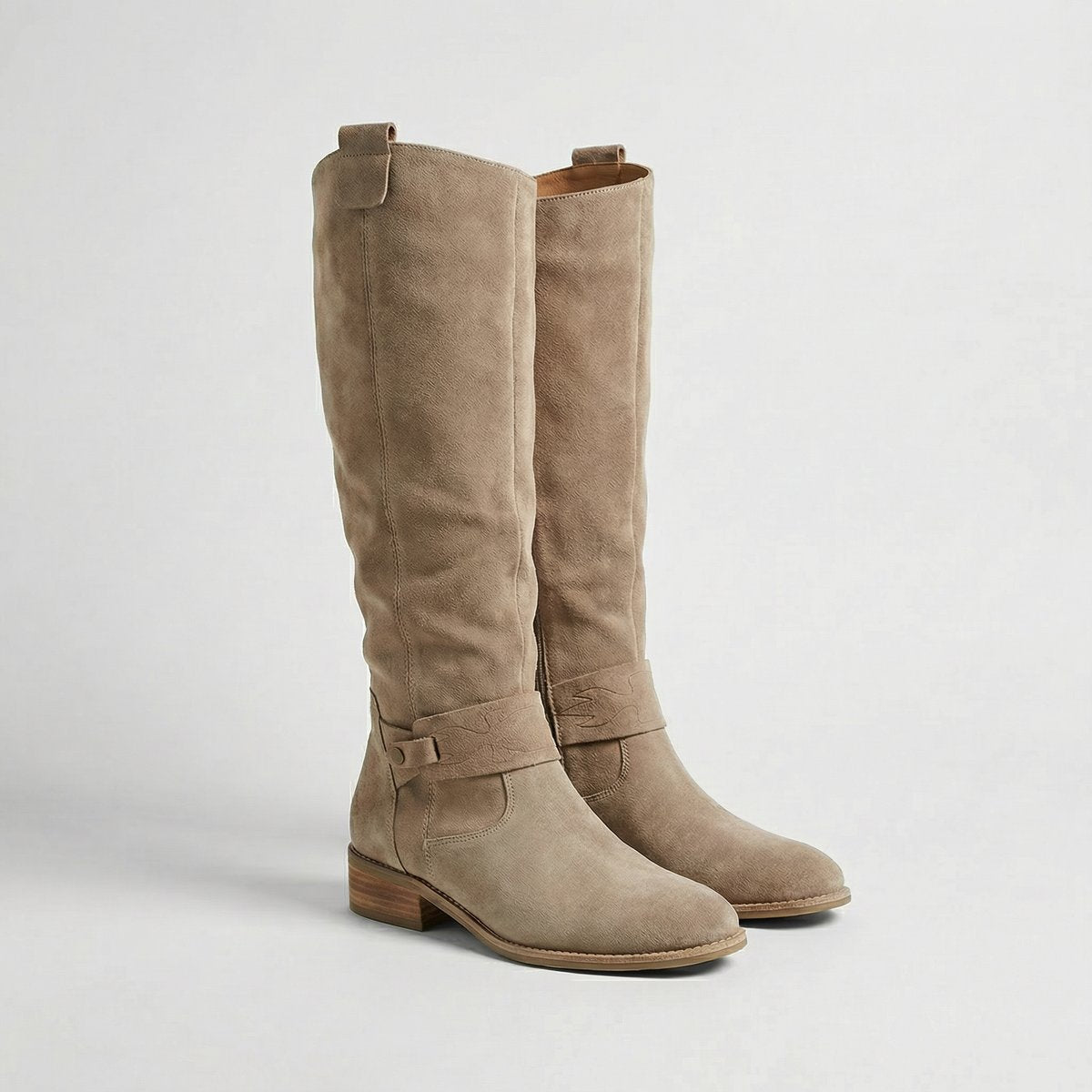 Women's Suede Look Low Heel Knee-High Slouch Ankle Boots - Beige