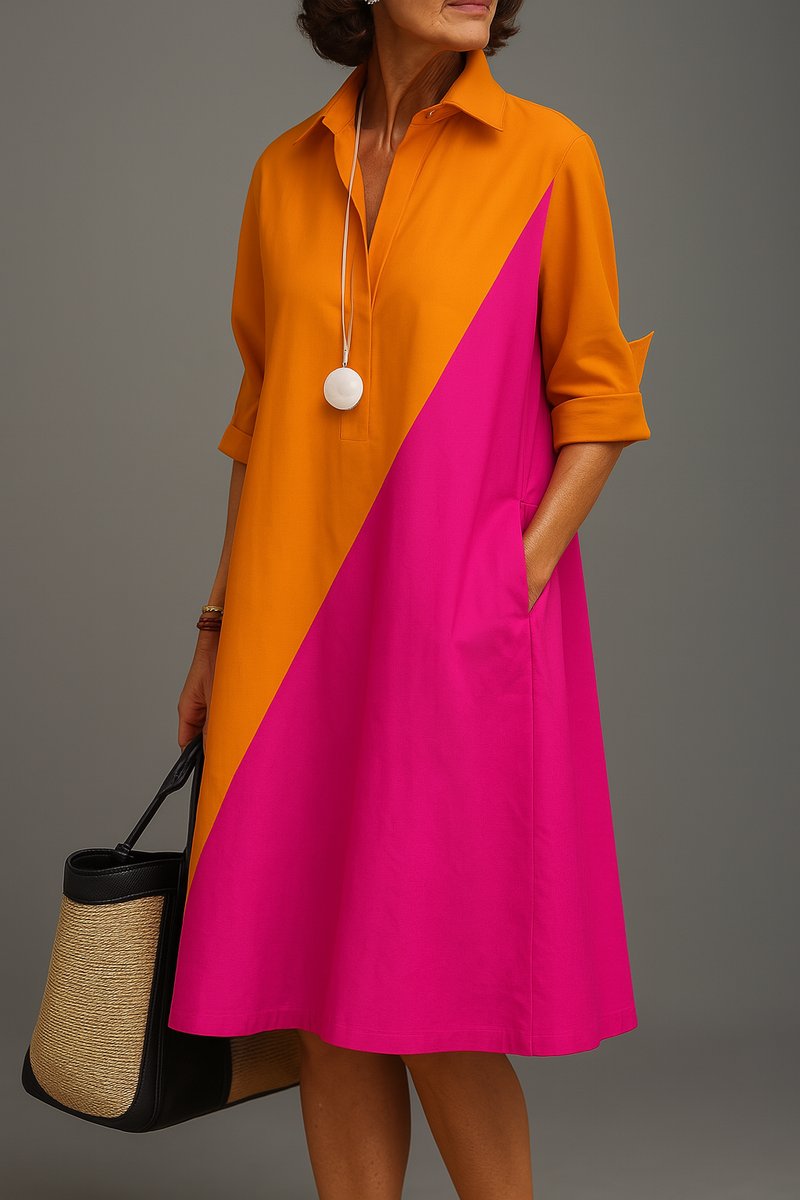 Women's Two-Tone A-Line Midi Cocktail Dress Polo Collar - Orange Pink