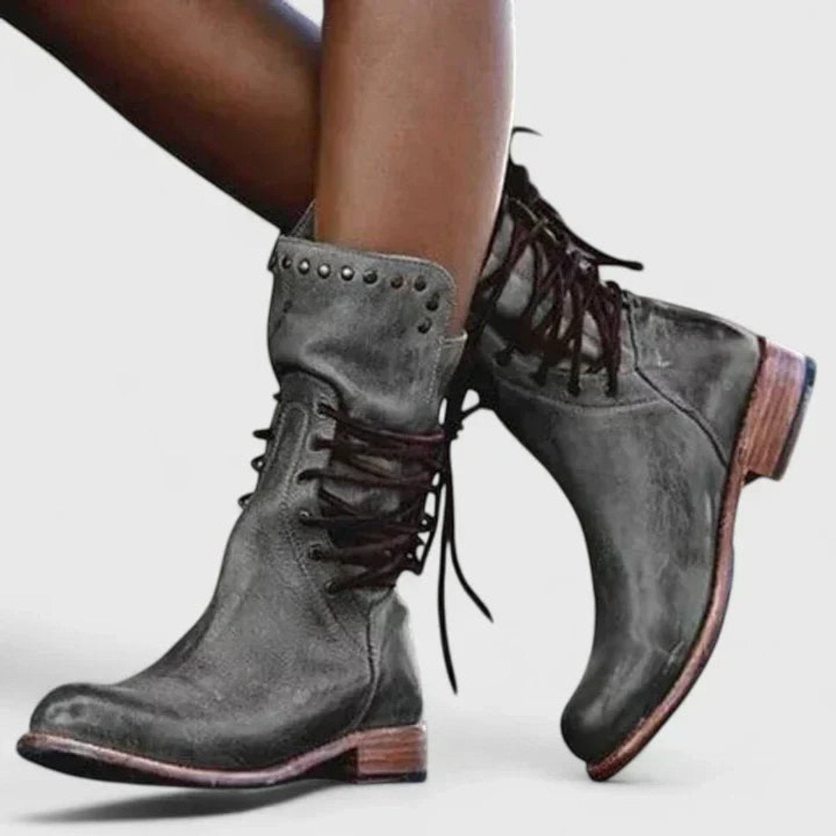 Women's Vintage Lace-Up Studded Knee High Boots - Gray
