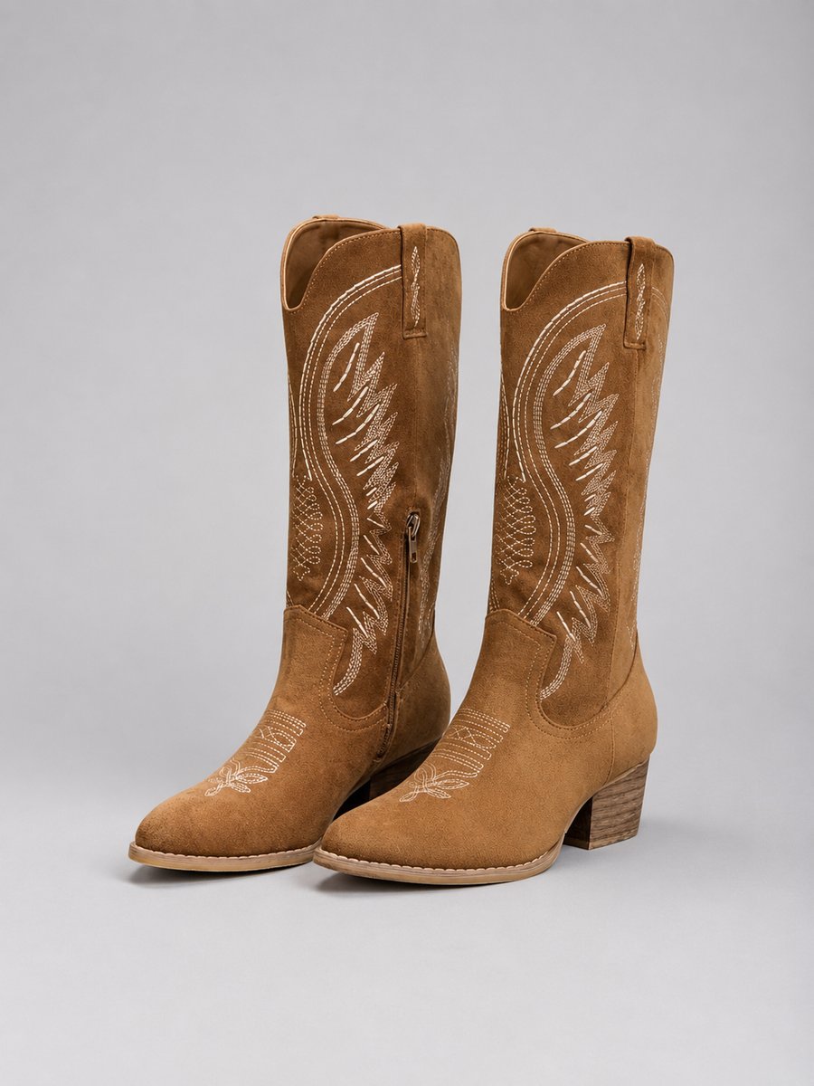 Women's Western Embroidered Knee-High Suede Cowboy Ankle Boots - Brown