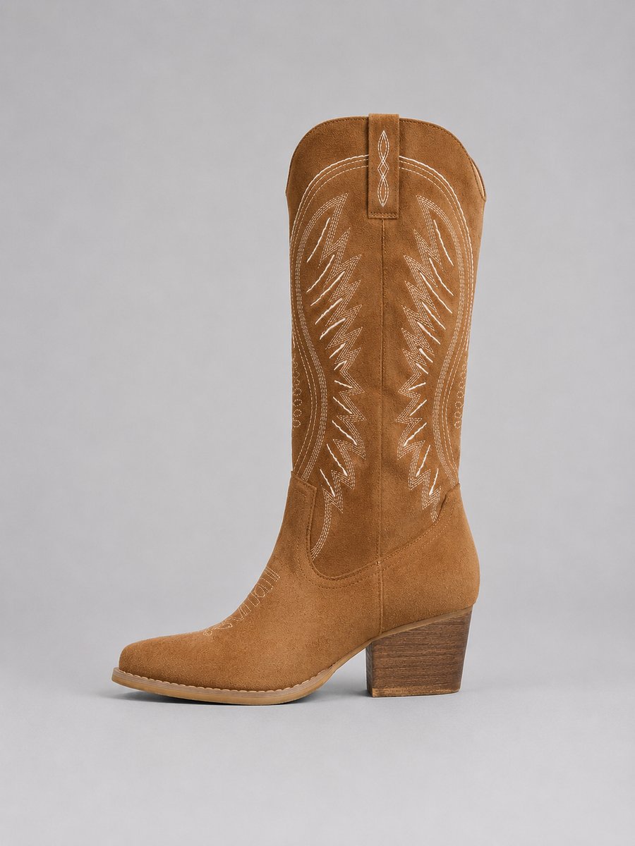 Women's Western Embroidered Knee-High Suede Cowboy Ankle Boots