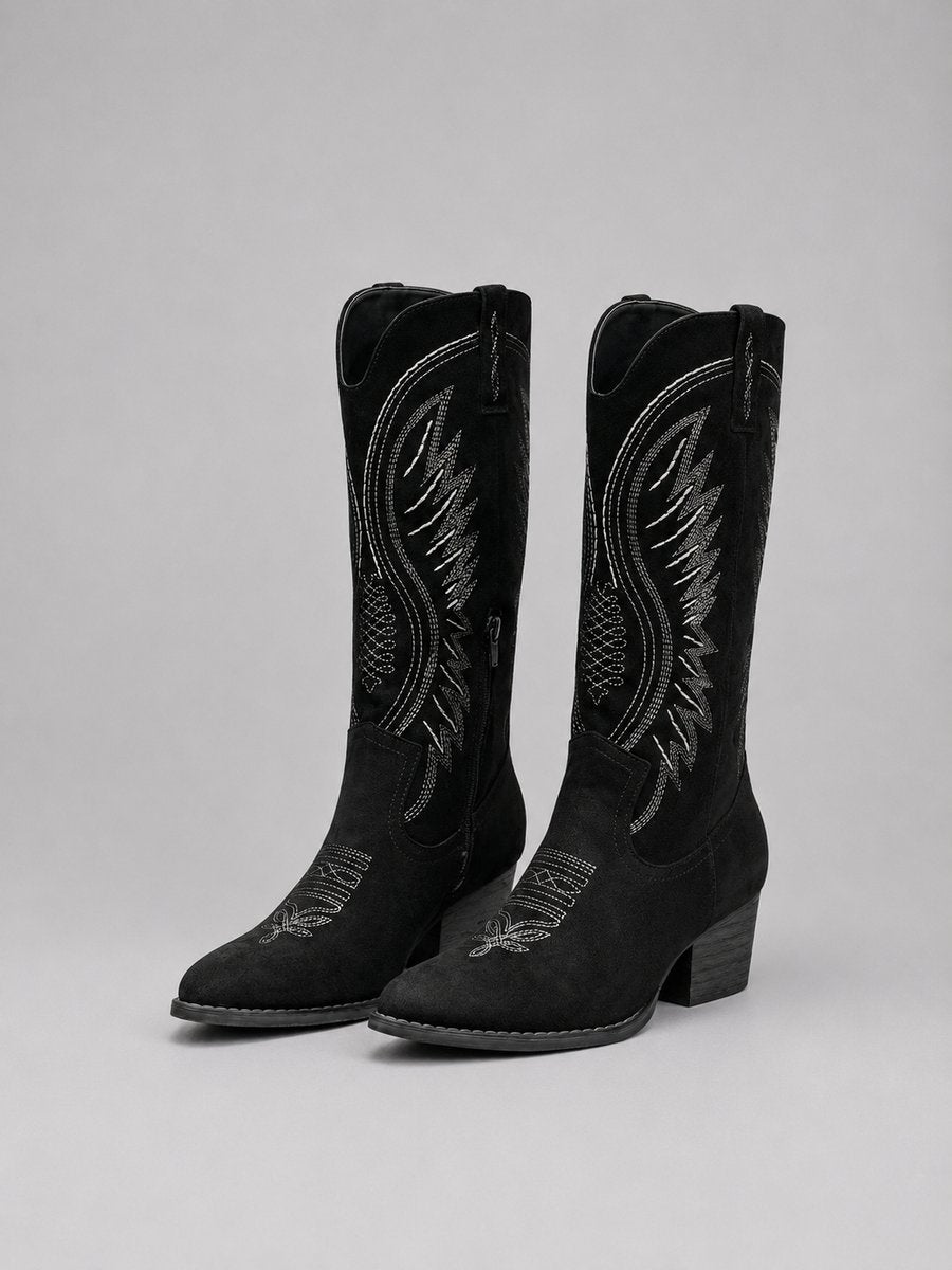 Women's Western Embroidered Knee-High Suede Cowboy Ankle Boots - Black