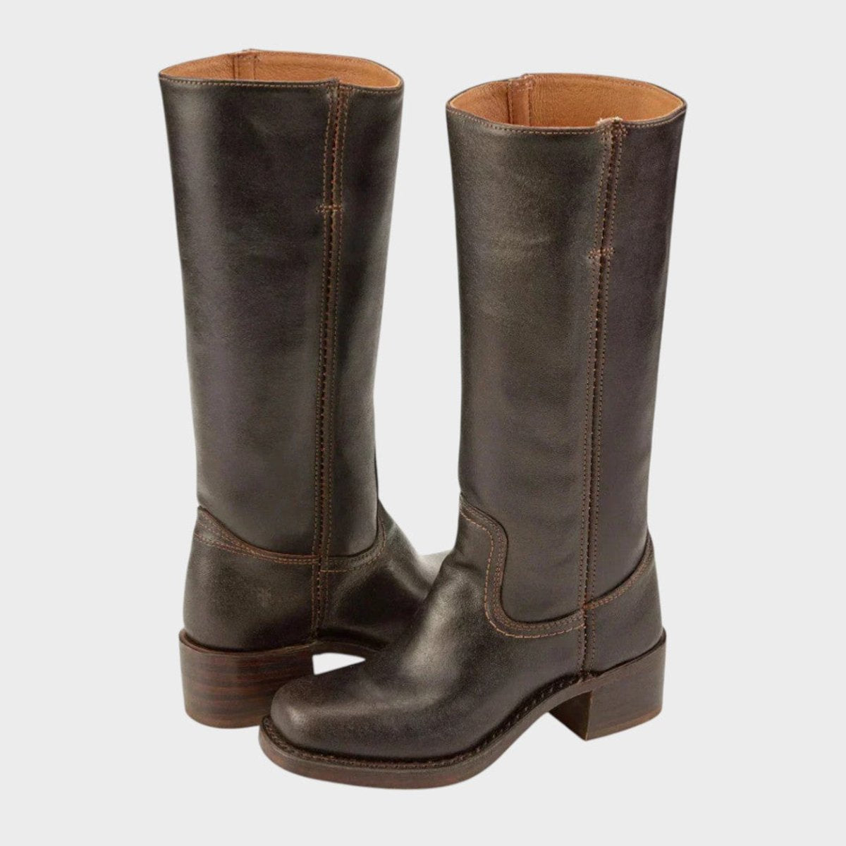 Women's Western Leather Knee High Boots Block Heel - Dark Brown