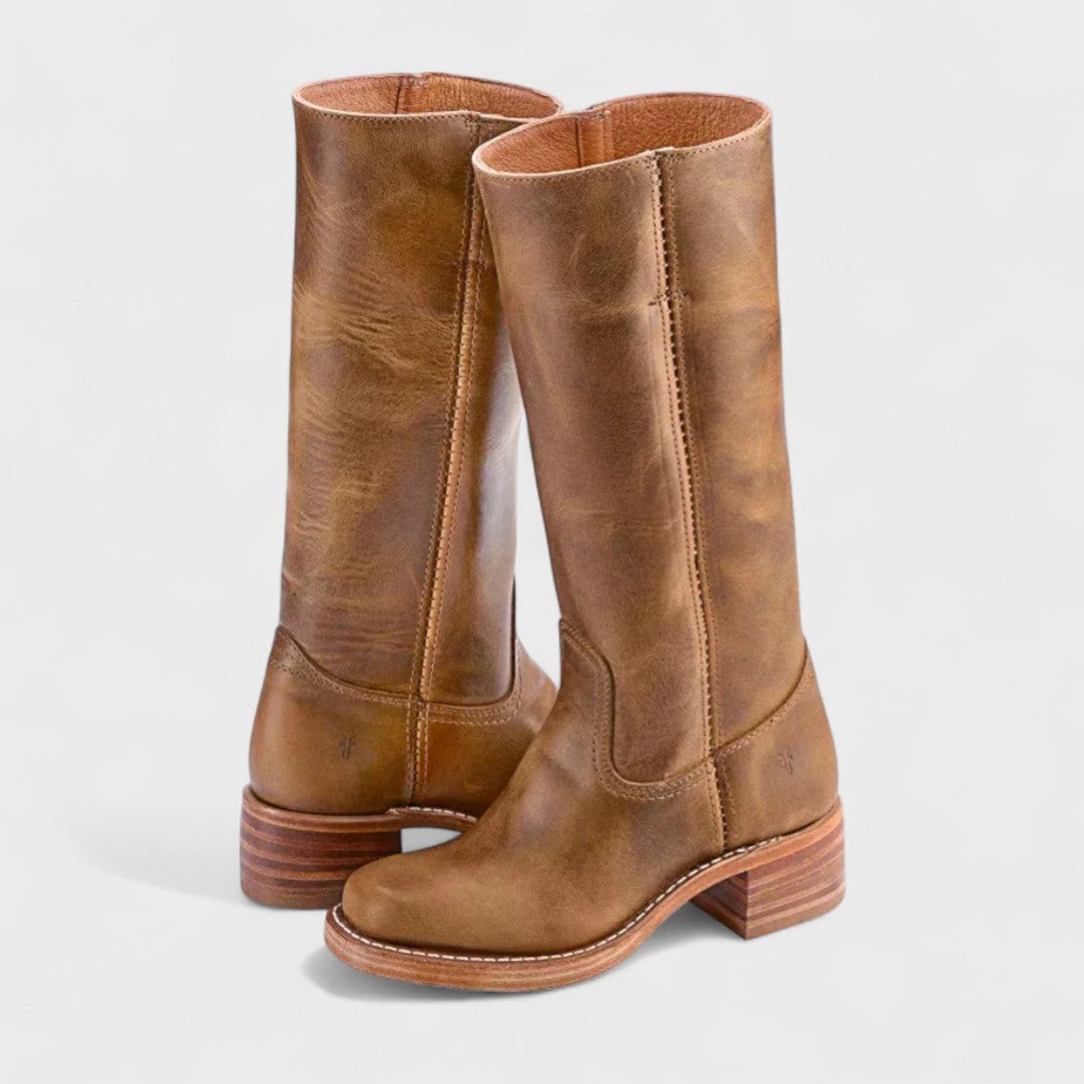 Women's Western Leather Knee High Boots Block Heel - Light Brown